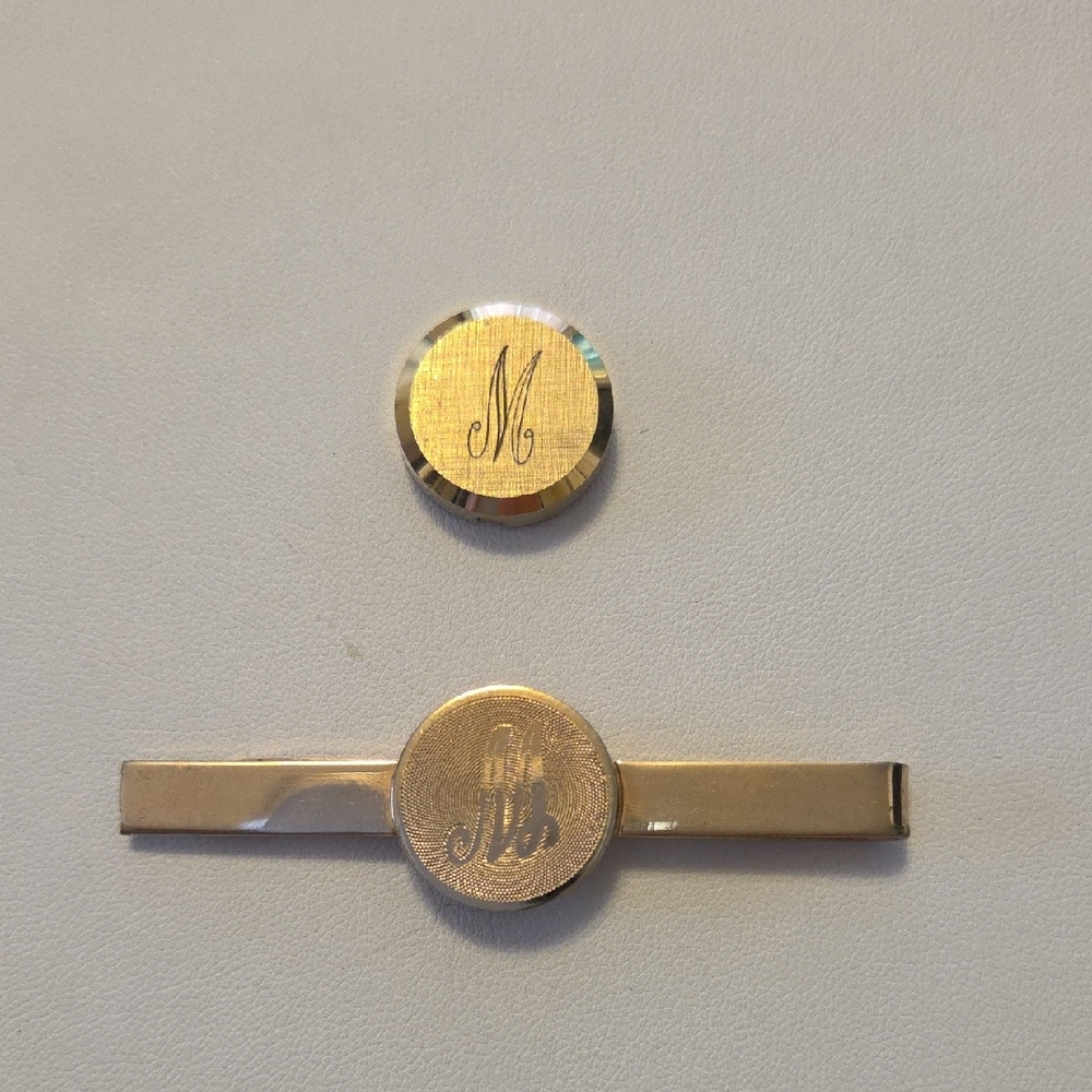 Gold Monogrammed Tie Clip and Button Cover